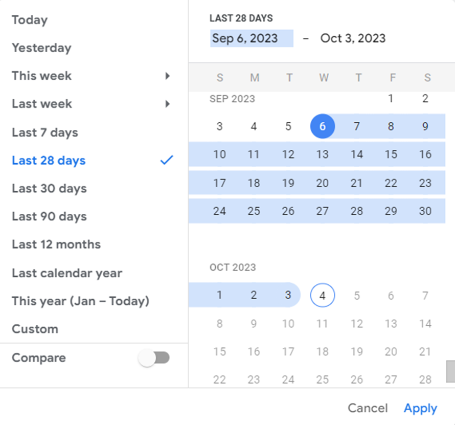 Um seletor de intervalo de datas com uma visualização de calendário no lado direito