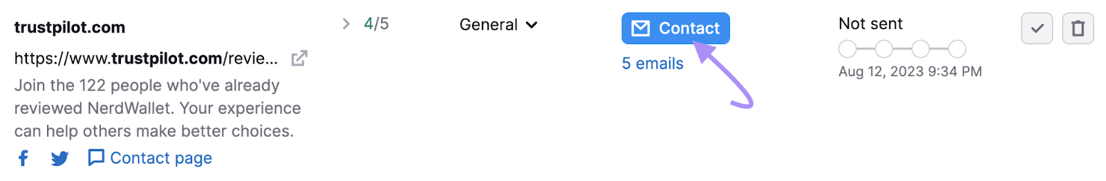 Bouton "Contact" à côté de "trustpilot.com" surligné