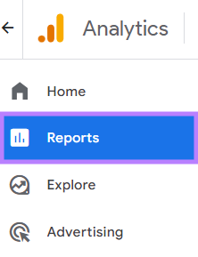 "Reports" (Relatórios) selecionado no menu GA4