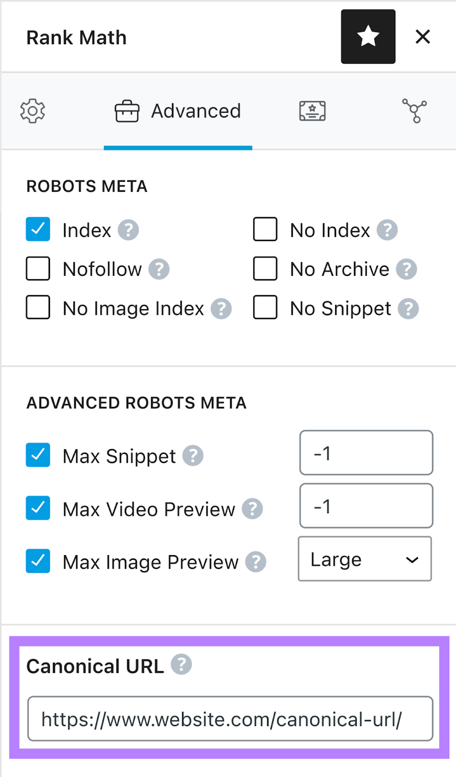 Guia “Advanced” na caixa “Rank Math SEO”