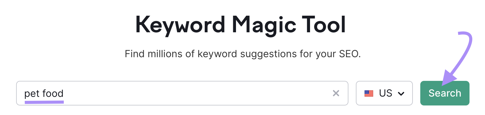 "pet food" entré dans la barre de recherche de l'outil Keyword Magic Tool.