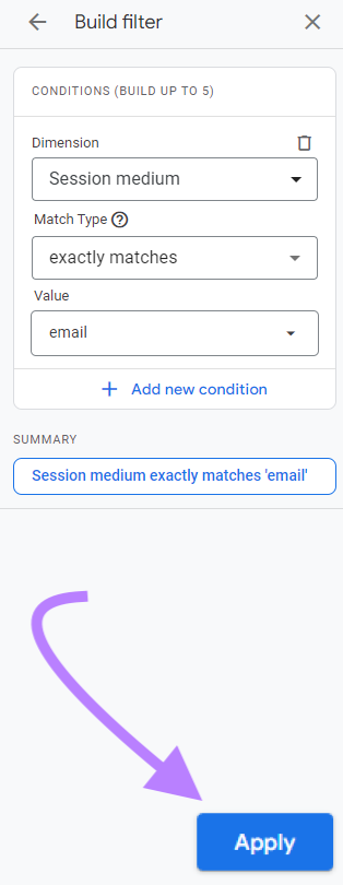 Botão "Apply" (Aplicar) destacado na parte inferior da janela "Build filter" (Criar filtro)