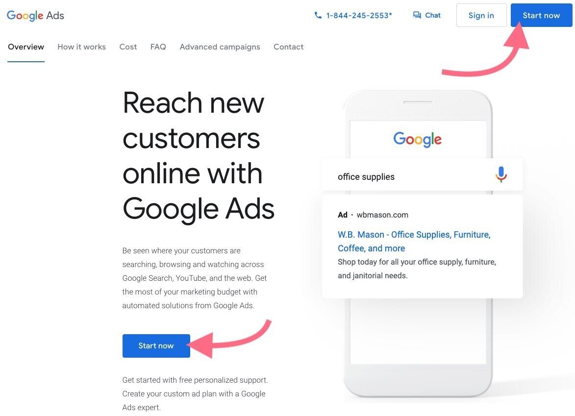 Página inicial do Google Ads