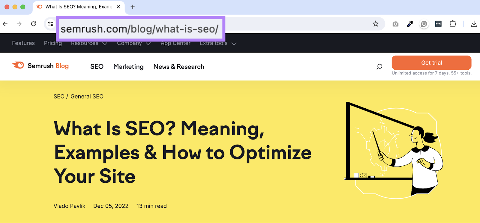 A URL do Semrush é semrush.com/blog/what-is-seo