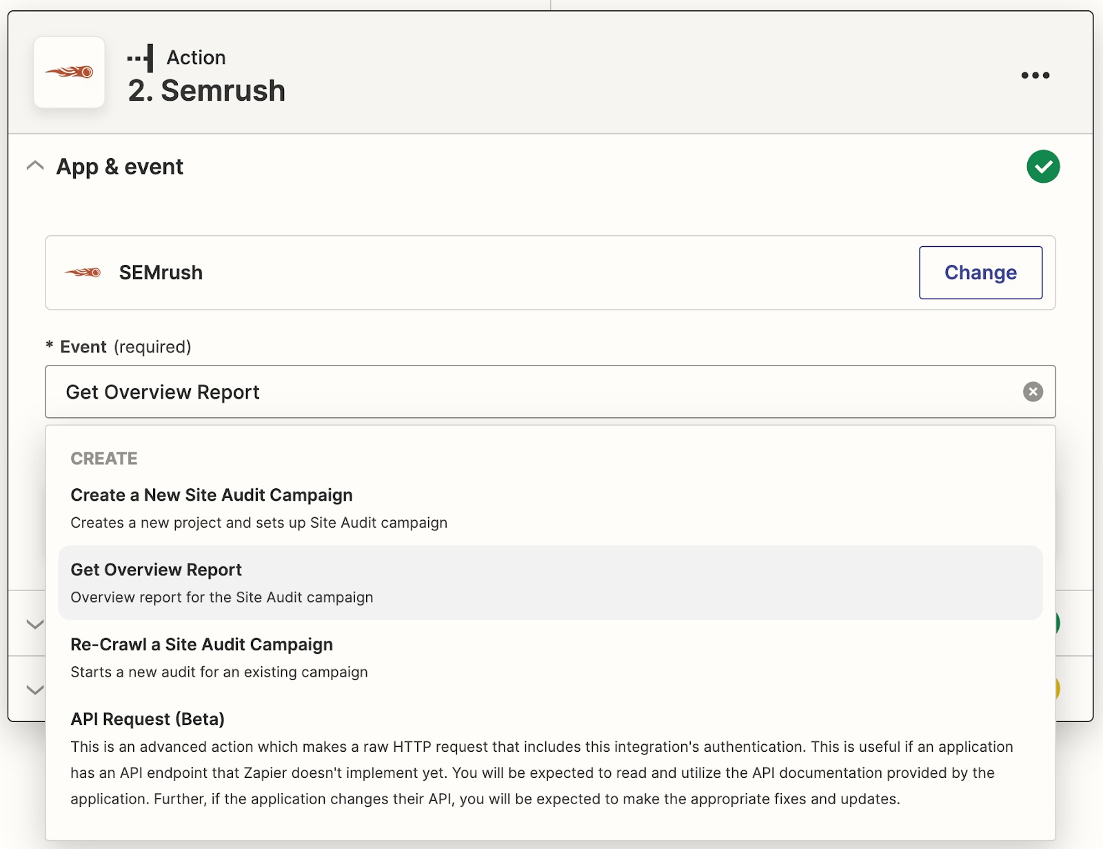 Screenshot from Zapier showing available actions.