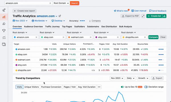 Un esempio del report Panoramica in Traffic Analytics. 