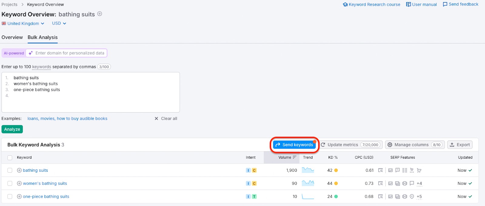 Rapport Analyse groupée couvrant plusieurs mots clés. Au-dessus de la liste de toutes les métriques disponibles, un bouton bleu « Envoyer les mots clés » permettant d’envoyer tous les mots clés sélectionnés vers Keyword Strategy Builder est mis en évidence en rouge.